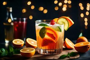un' bicchiere di arancia succo con fresco frutta. ai-generato foto