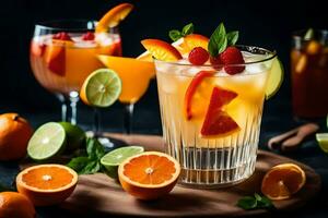 un' bicchiere di arancia succo con frutta e menta. ai-generato foto