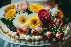 un' nozze torta con colorato fiori su superiore. ai-generato foto