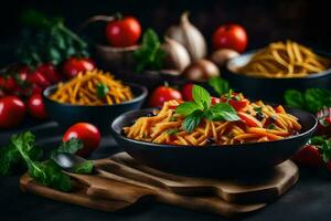 pasta con pomodori e basilico su un' di legno tavola. ai-generato foto