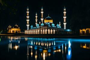 il moschea a notte con suo riflessione nel il acqua. ai-generato foto