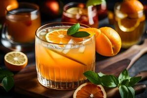 fotografia cocktail con arancia, Limone e menta su buio sfondo. ai-generato foto