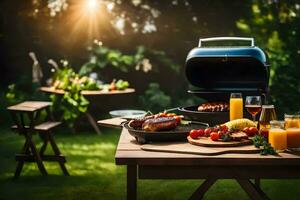 un' barbecue con cibo e bevande su un' tavolo. ai-generato foto