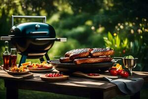 un' barbecue griglia con cibo su esso e un' bottiglia di vino. ai-generato foto