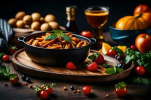 un' ciotola di pasta con verdure e frutta su un' di legno tavolo. ai-generato foto