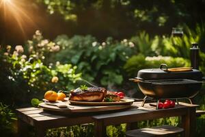 un' griglia e un' piatto di cibo su un' tavolo nel il giardino. ai-generato foto