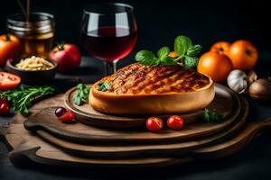 grigliato carne su un' di legno tavola con verdure e vino. ai-generato foto