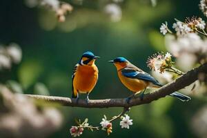 Due uccelli seduta su un' ramo con fiori. ai-generato foto