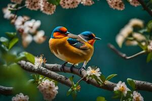 Due colorato uccelli seduta su un' ramo con fiori. ai-generato foto