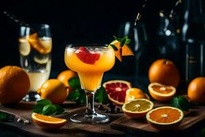 arancia succo cocktail con arancia fette e contorno. ai-generato foto