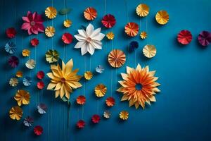 un' parete con colorato carta fiori sospeso a partire dal stringhe. ai-generato foto