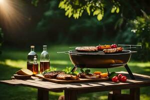 griglia con carne e verdure su un' tavolo nel il sole. ai-generato foto