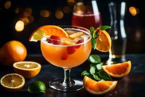 un' bicchiere di arancia succo con fresco frutta e menta le foglie. ai-generato foto