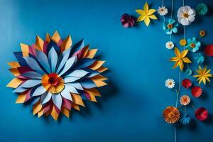 colorato carta fiori su un' blu parete. ai-generato foto