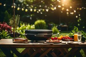 un' barbecue griglia su un' di legno tavolo con cibo e bevande. ai-generato foto