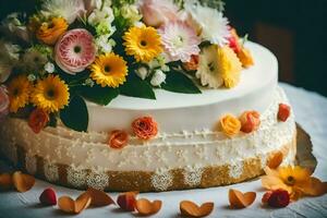 un' bianca torta con fiori su superiore. ai-generato foto