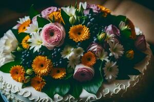 un' torta con fiori su esso. ai-generato foto