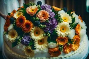 un' nozze torta con colorato fiori su superiore. ai-generato foto