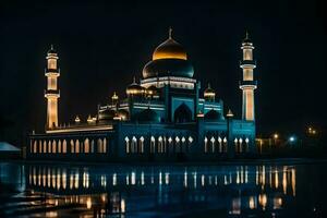 il moschea è illuminato su a notte con suo luci riflettendo nel il acqua. ai-generato foto