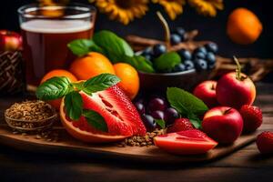 frutta e succo su un' di legno tavolo. ai-generato foto