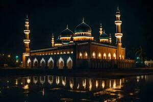 un' moschea illuminato su a notte con suo riflessione nel il acqua. ai-generato foto