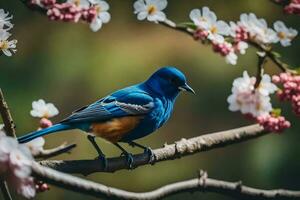 un' blu uccello si siede su un' ramo con rosa fiori. ai-generato foto