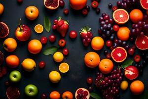 un' varietà di frutta e verdure disposte su un' nero sfondo. ai-generato foto