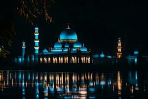 un' blu moschea illuminato su a notte con acqua riflessione. ai-generato foto