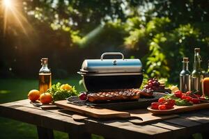 un' barbecue griglia con cibo su esso nel il giardino. ai-generato foto