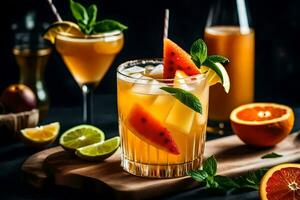 arancia succo cocktail con anguria, lime e menta su un' di legno tavolo. ai-generato foto