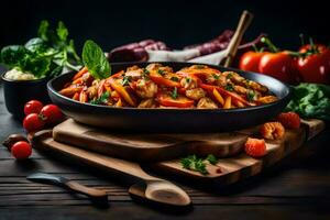 pollo e verdure nel un' padella su un' di legno tavolo. ai-generato foto