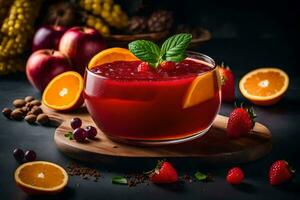 un' bicchiere di rosso bevanda con frutta e spezie. ai-generato foto