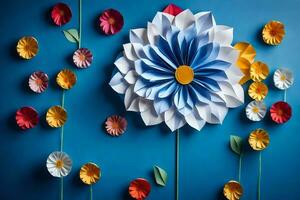 un' fiore fatto su di carta è visualizzato su un' blu parete. ai-generato foto