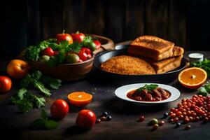 Alimenti su un' tavolo con pane, pomodori, e altro ingredienti. ai-generato foto