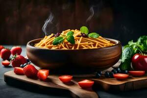 pasta con fresco pomodori, basilico e fresco menta su un' di legno piatto. ai-generato foto