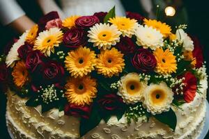 un' nozze torta con giallo e arancia fiori. ai-generato foto