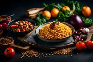 spaghetti con pomodoro salsa, verdure e spezie su un' nero sfondo. ai-generato foto