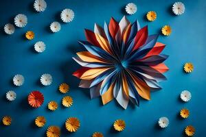 un' colorato fiore fatto a partire dal carta su un' blu parete. ai-generato foto