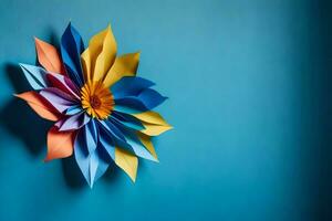 un' colorato origami fiore su un' blu parete. ai-generato foto