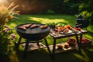 bbq griglia con verdure e carne su esso nel il giardino. ai-generato foto