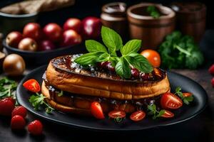 grigliato formaggio Sandwich con pomodoro e basilico su un' nero piatto. ai-generato foto