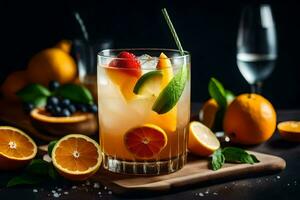 cocktail con arancia, lime e frutti di bosco su un' di legno tavolo. ai-generato foto
