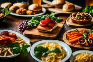 un' tavolo con vario piatti di cibo e bevande. ai-generato foto