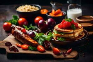 Pancakes con frutta e verdure su un' di legno tavolo. ai-generato foto