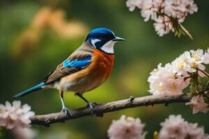 un' blu e arancia uccello si siede su un' ramo con fiori. ai-generato foto