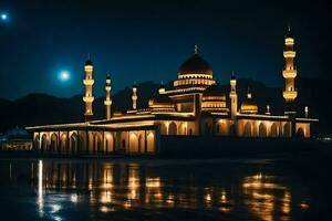 il moschea a notte con chiaro di luna riflettendo su il acqua. ai-generato foto