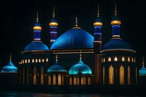 un' blu moschea illuminato su a notte con blu luci. ai-generato foto