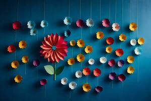 colorato carta fiori sospeso a partire dal stringhe su un' blu parete. ai-generato foto