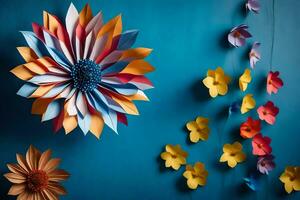 colorato carta fiori su un' blu parete. ai-generato foto