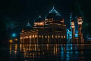 un' moschea illuminato su a notte con luci Su. ai-generato foto